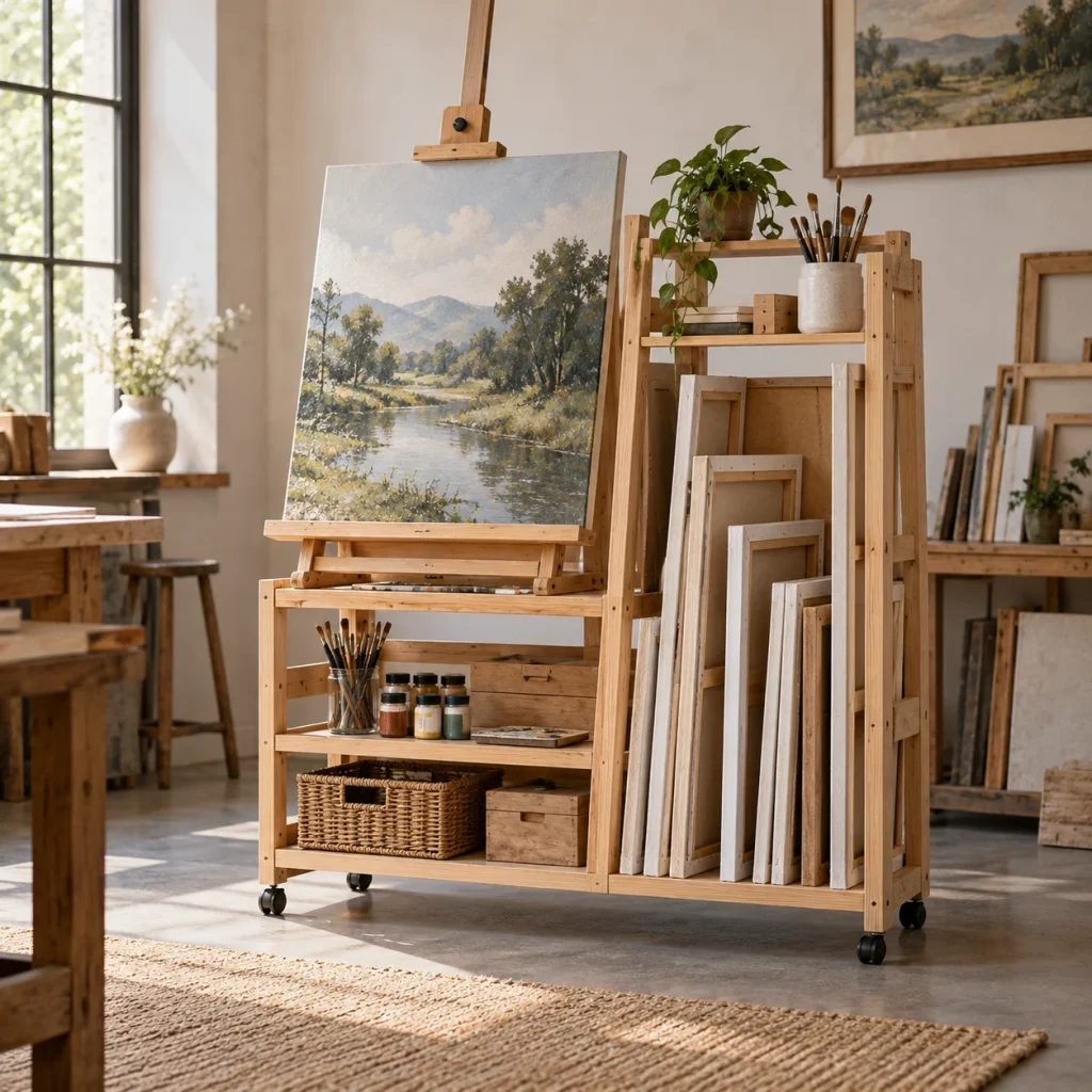 Bộ Kệ Trưng Bày Và Toan Vẽ Studio Gỗ Thông