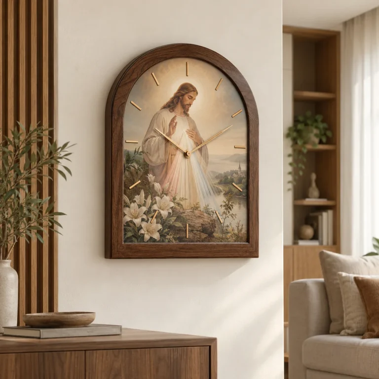 Đồng Hồ Công Giáo Ánh Sáng Bình An Khung Walnut