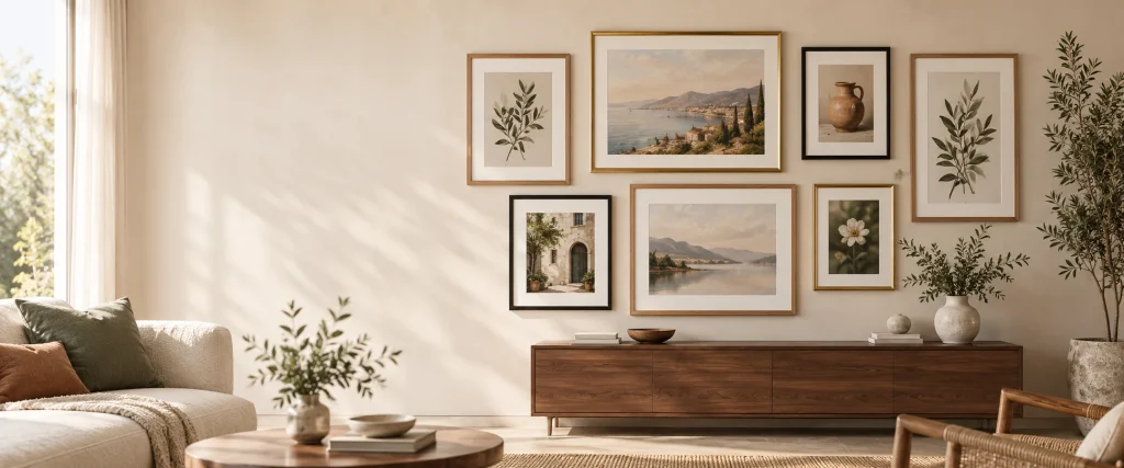 Bức tường gallery với nhiều khung tranh trong không gian nội thất ấm áp