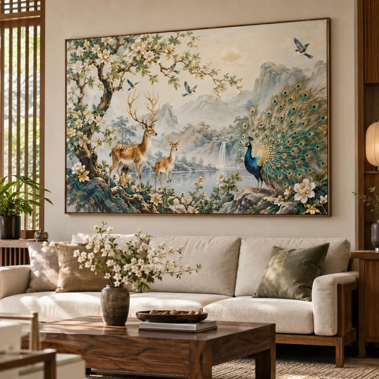 Tranh Hươu Nai Lộc Xanh Và Chim Công Khai Vũ