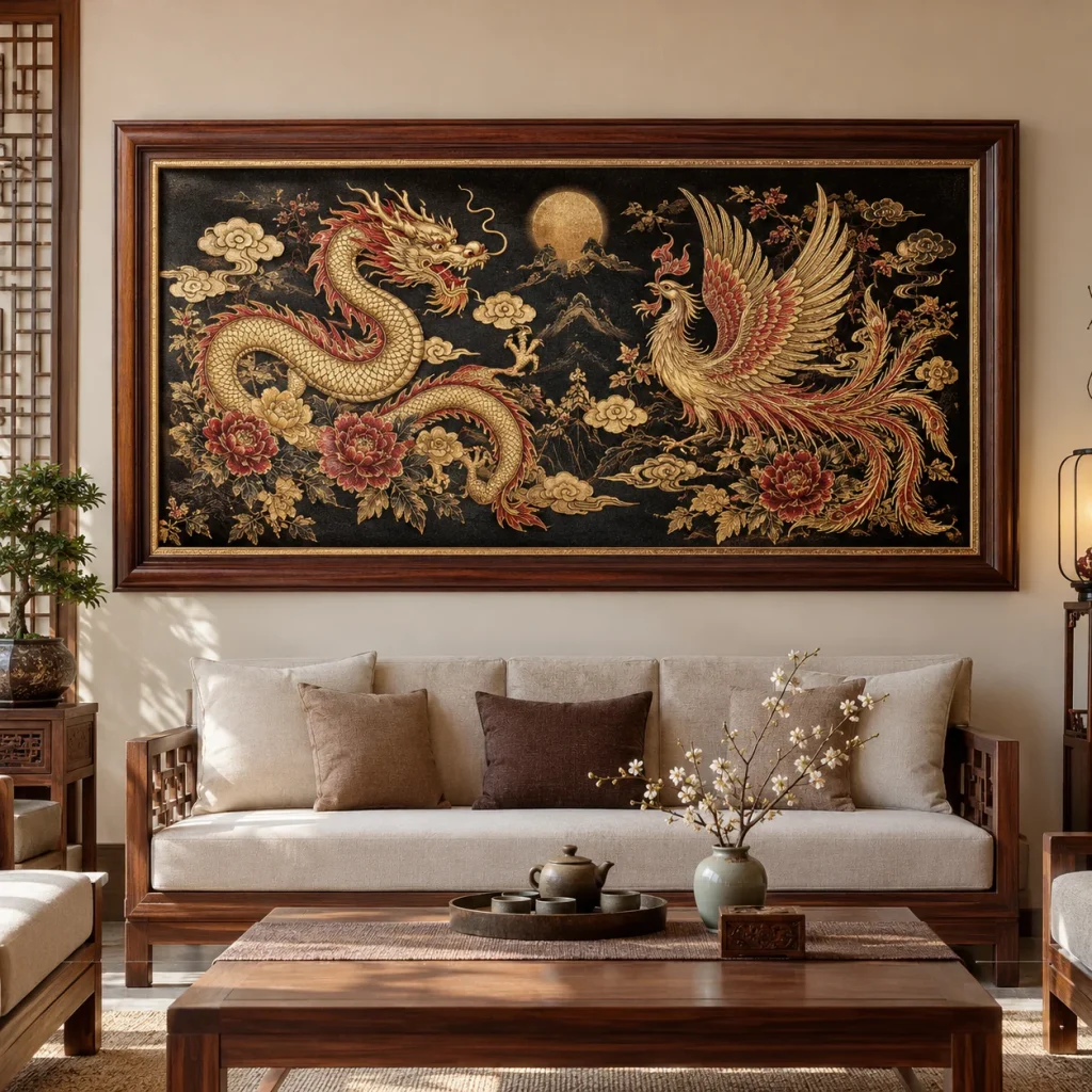 Tranh Long Phụng Cát Tường Khắc Họa Kim Tuyến