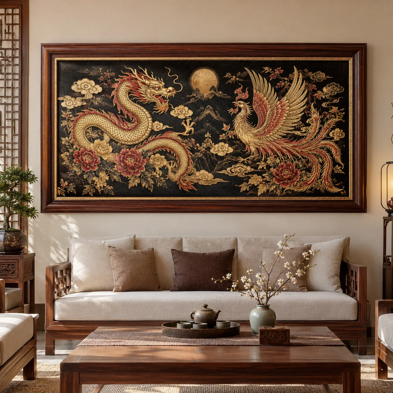 Tranh Long Phụng Cát Tường Khắc Họa Kim Tuyến