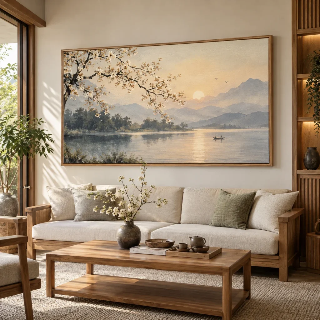Tranh phòng khách Nhật Hạ Canvas Phủ Mờ Khung Sồi