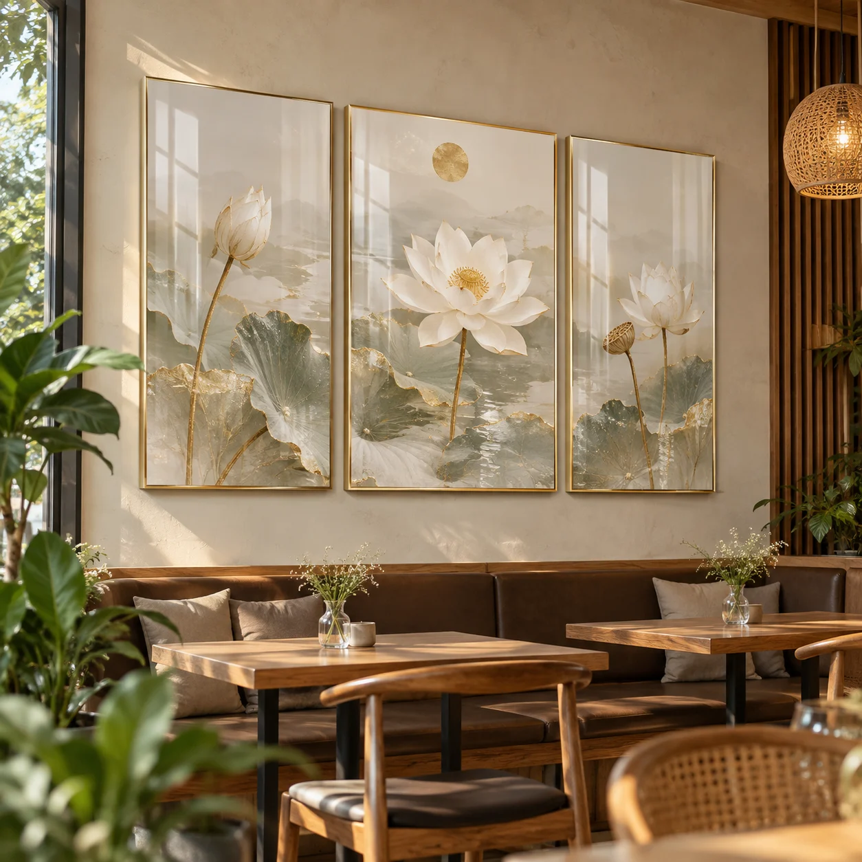 Tranh bộ 3 Sương Mai Tráng Gương Viền Champagne