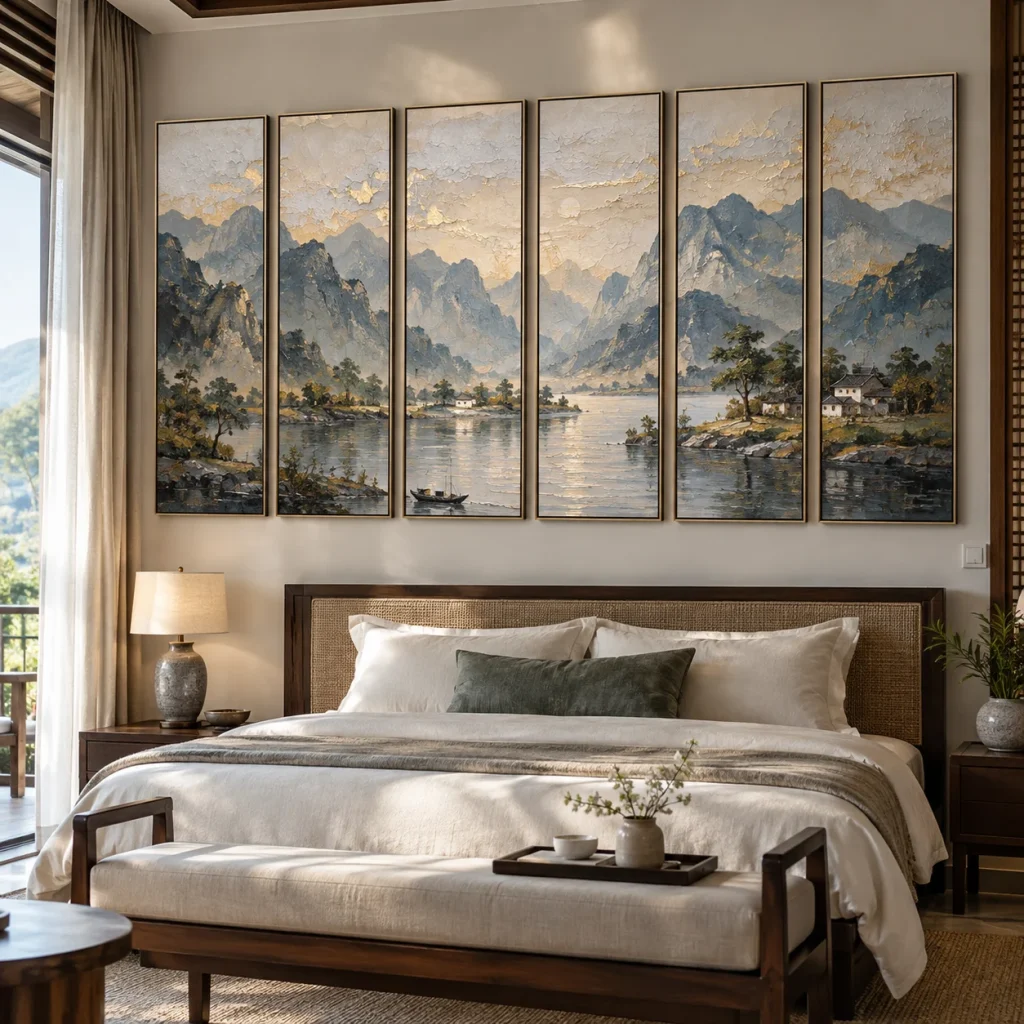Tranh bộ 6 Lam Sơn Sơn Dầu Đắp Nổi Viền Mảnh