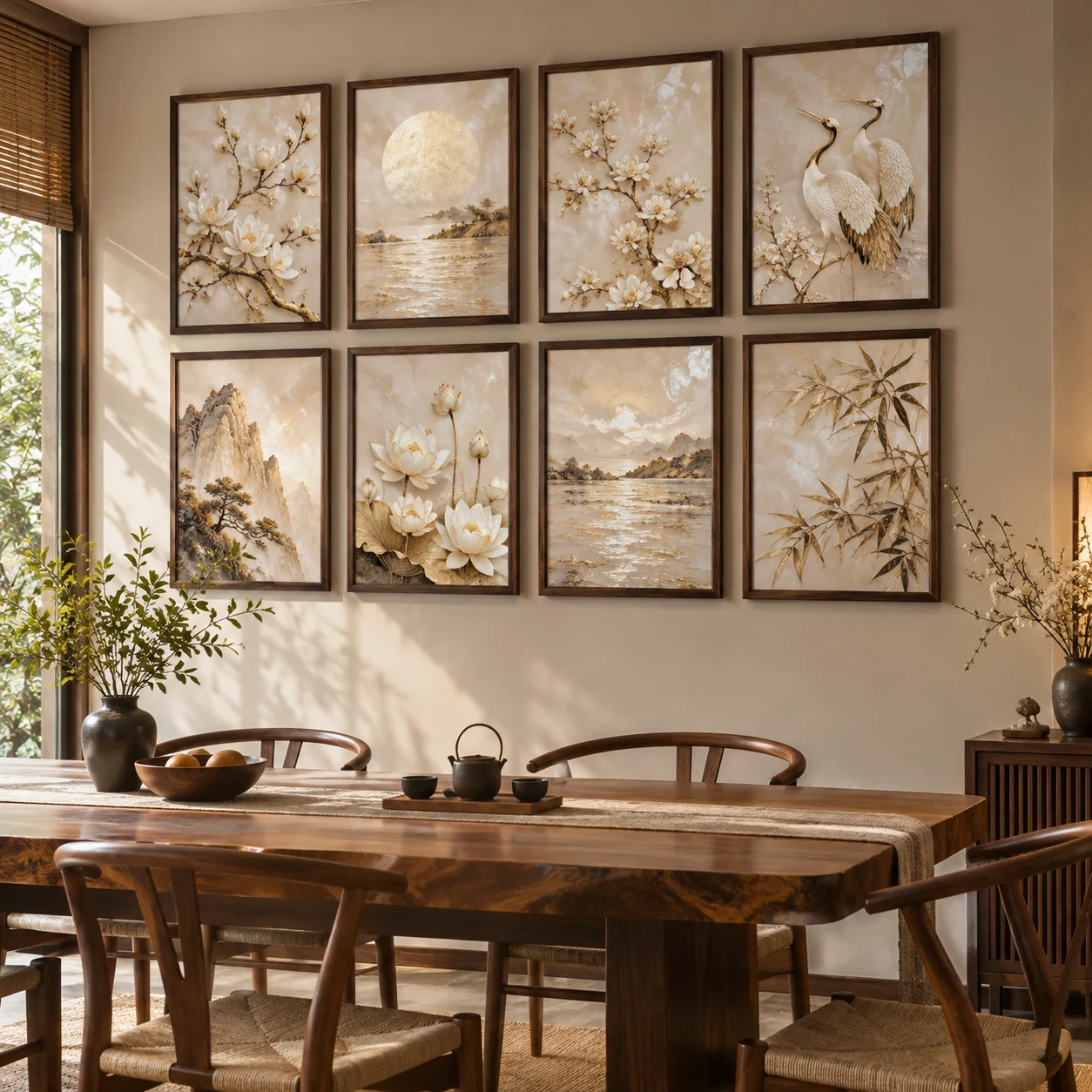 Tranh bộ 8 Ánh Ngọc In UV Mỹ Thuật Khung Walnut