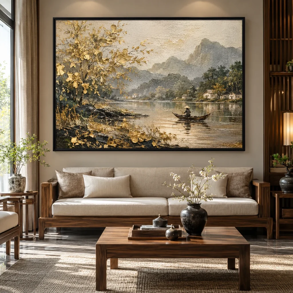 Tranh phong cách sơn dầu Kim Sa Canvas Vân Vải Khung Đen