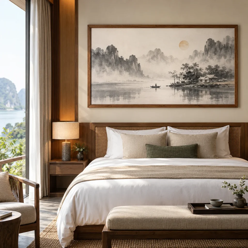 Tranh thủy mặc An Nhiên Bề Mặt Lì Khung Gỗ Tự Nhiên