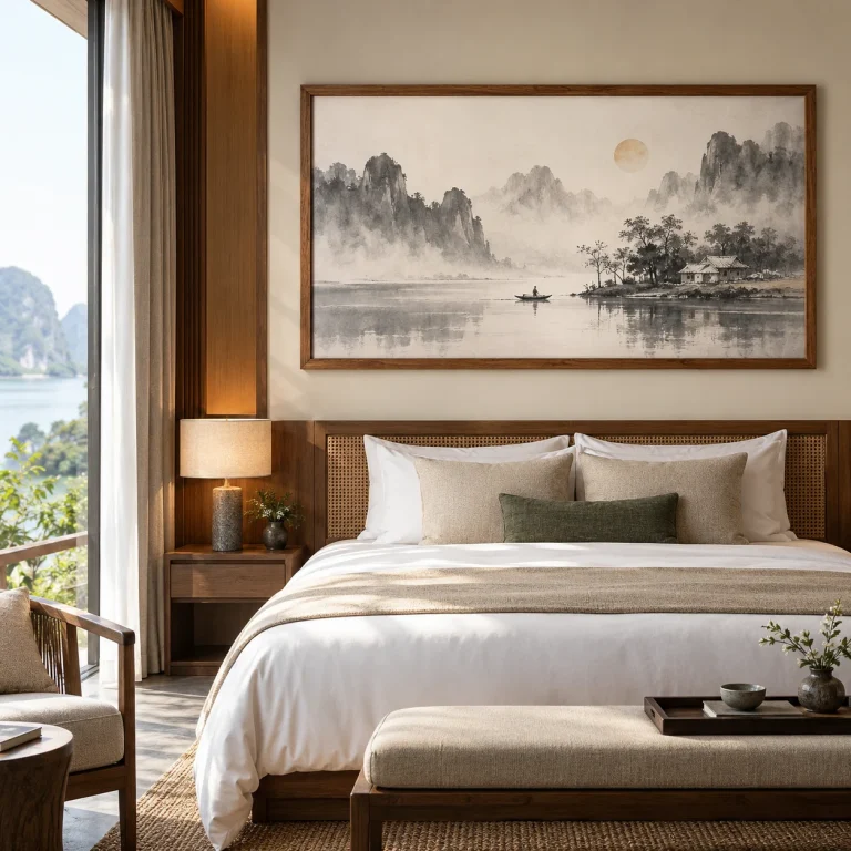 Tranh thủy mặc An Nhiên Bề Mặt Lì Khung Gỗ Tự Nhiên