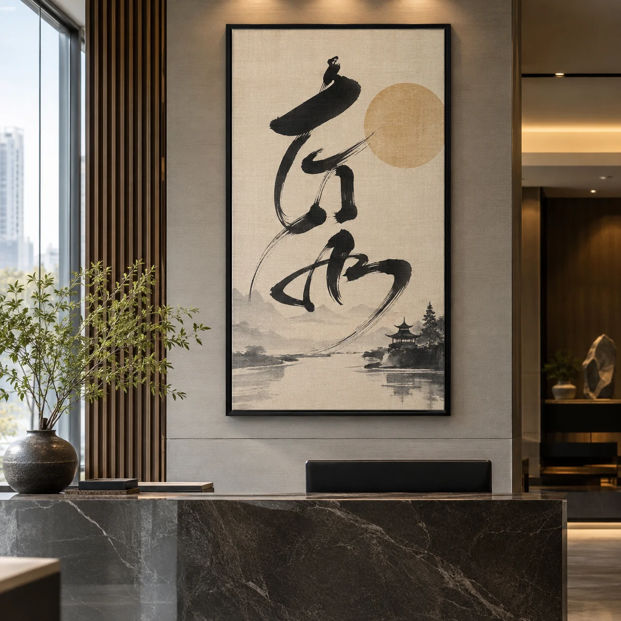 Tranh thư pháp Trường An Canvas Vân Vải Khung Đen