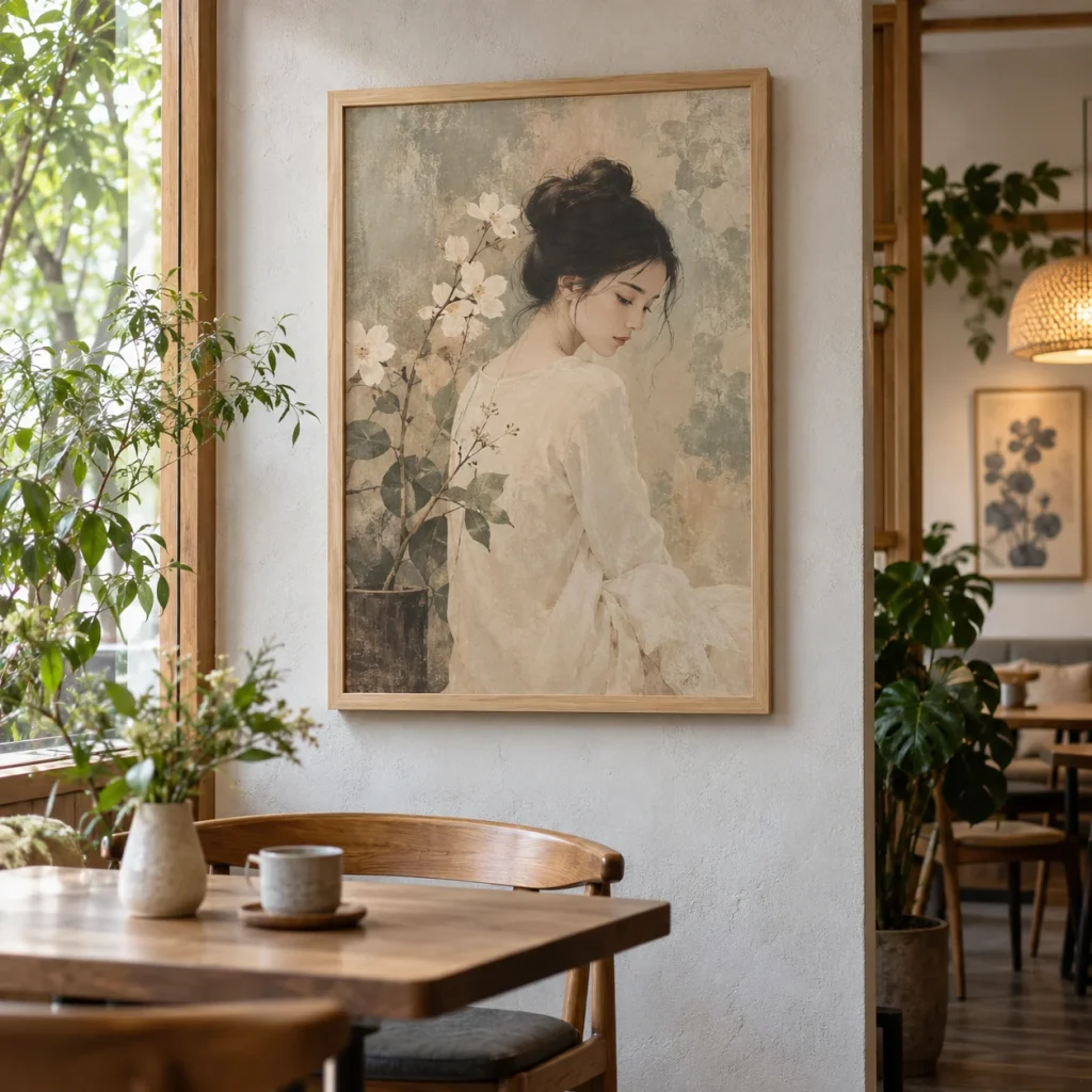 Tranh thiếu nữ Mộc Sắc In Fine Art Viền Gỗ Sáng