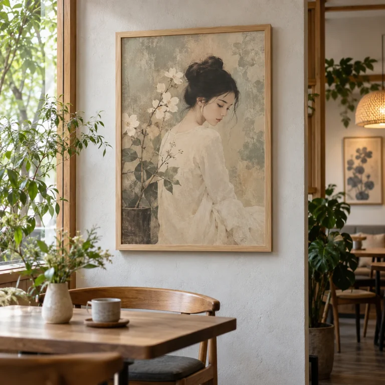 Tranh thiếu nữ Mộc Sắc In Fine Art Viền Gỗ Sáng
