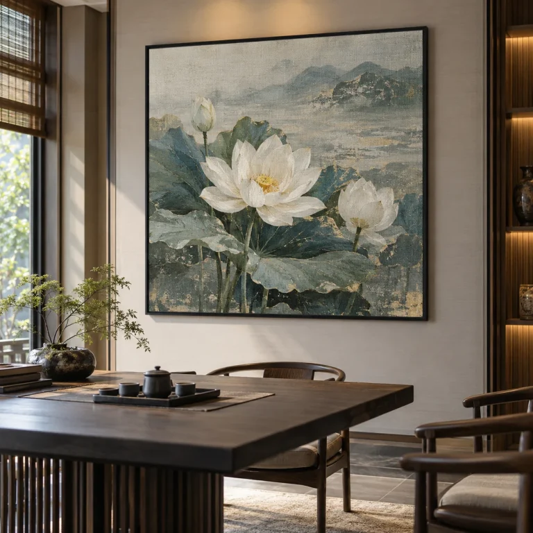 Tranh hoa sen Hải Vân Canvas Vân Vải Khung Đen