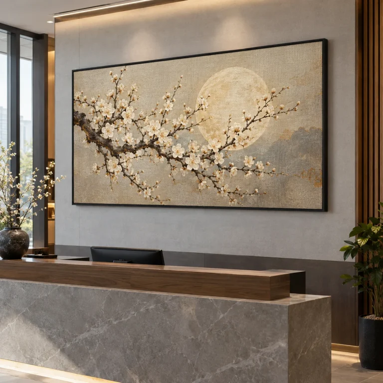 Tranh hoa mai Nguyệt Cát Canvas Vân Vải Khung Đen