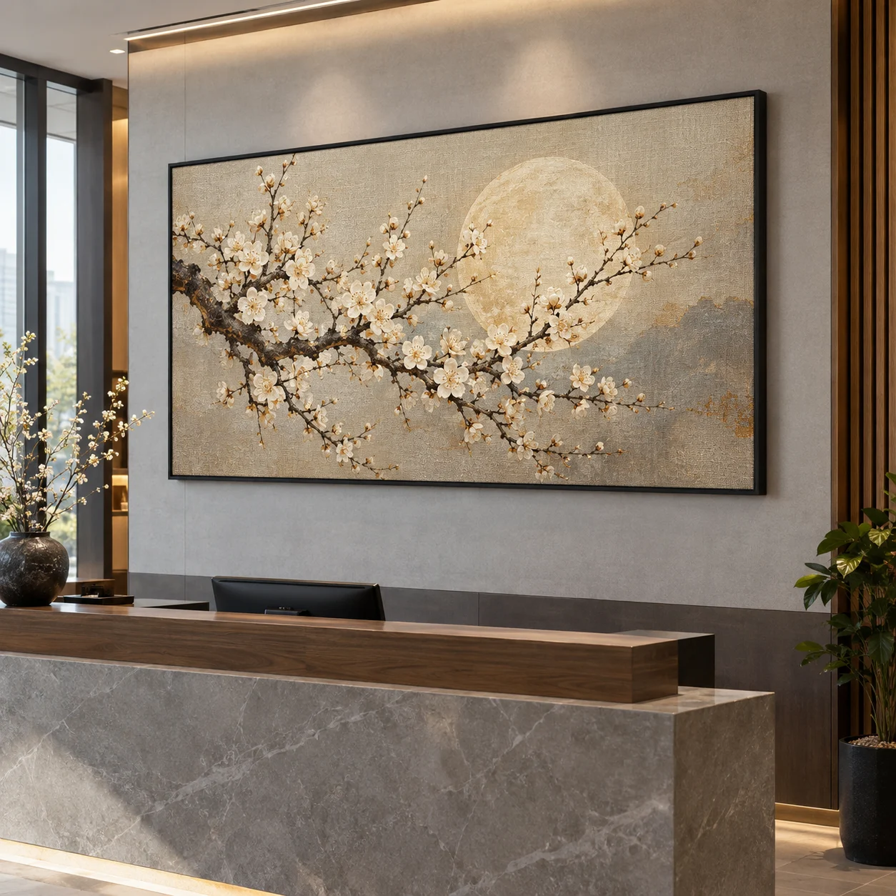 Tranh hoa mai Nguyệt Cát Canvas Vân Vải Khung Đen