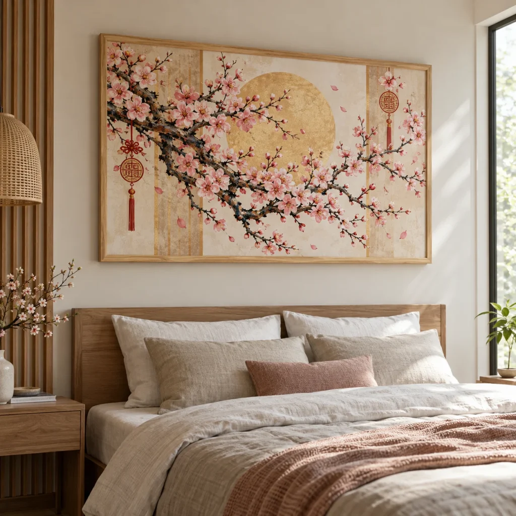 Tranh hoa đào Phúc Lộc In Fine Art Viền Gỗ Sáng