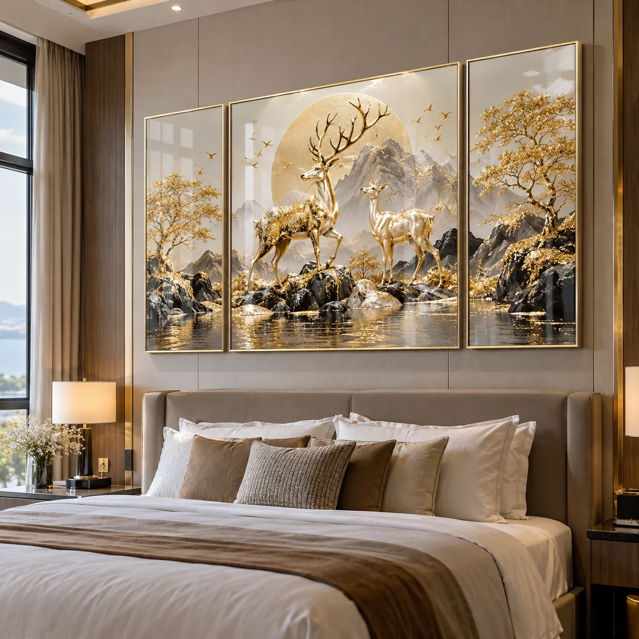 Tranh hươu nai Kim Sa Tráng Gương Viền Champagne