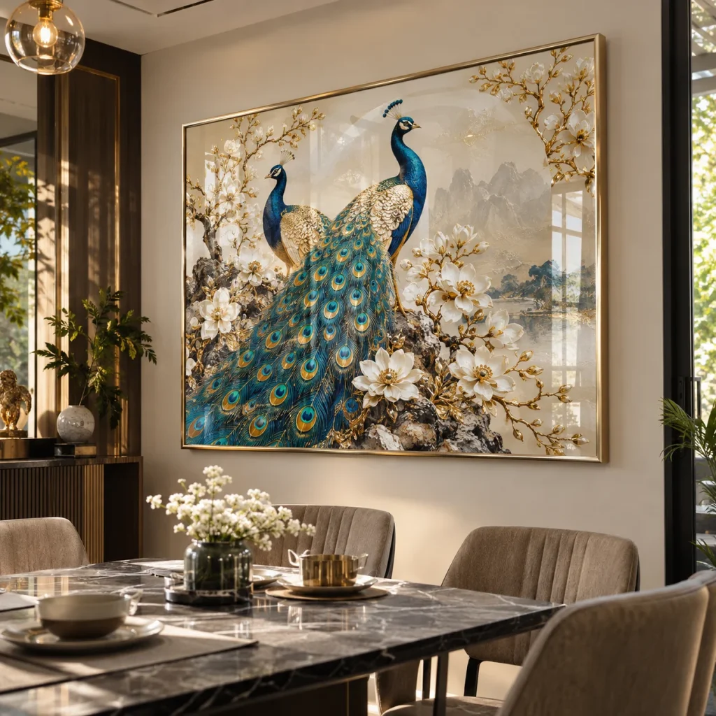 Tranh chim công Nét Việt Tráng Gương Viền Champagne