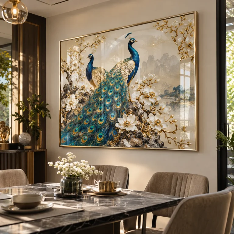Tranh chim công Nét Việt Tráng Gương Viền Champagne