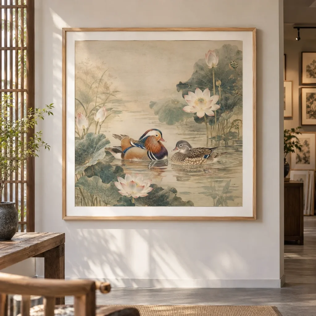 Tranh uyên ương Thanh Nhã In Fine Art Viền Gỗ Sáng