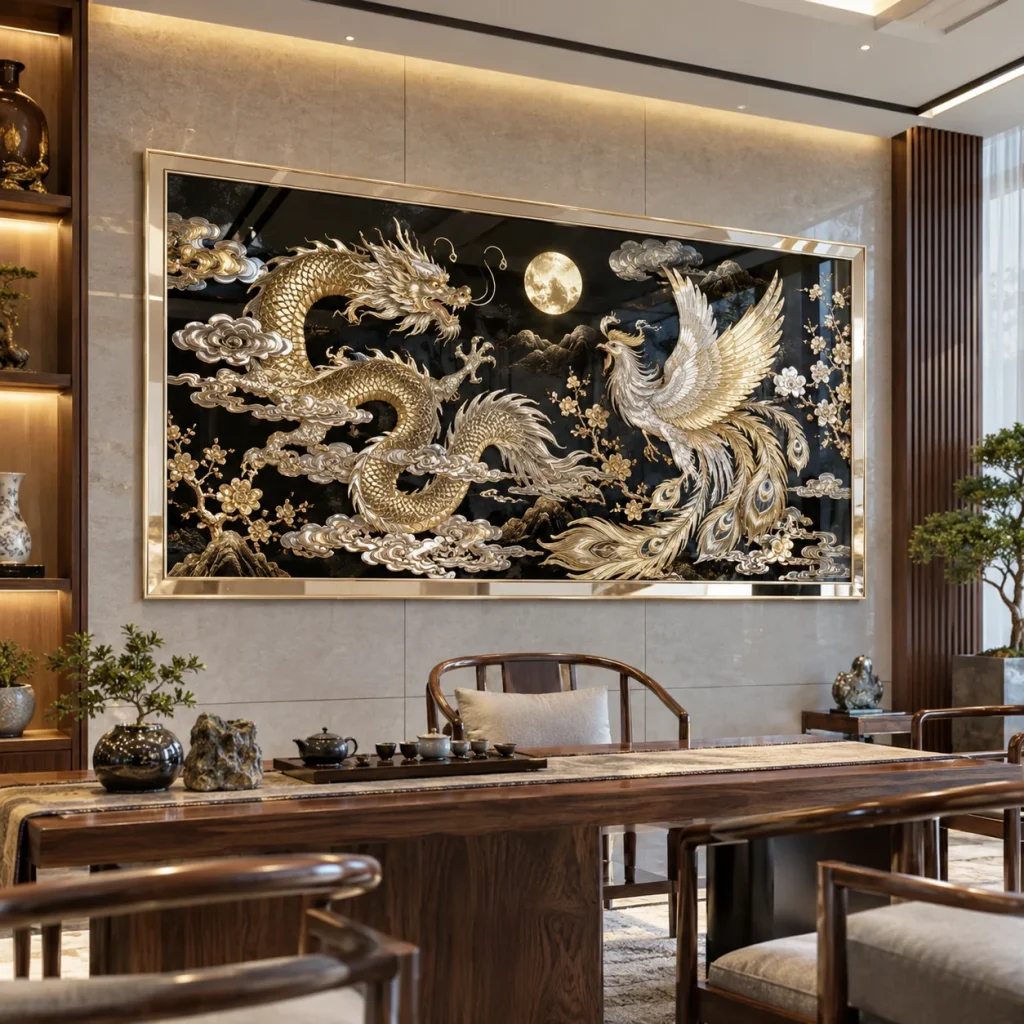 Tranh Rồng Phượng Đông Phương Tráng Gương Viền Champagne