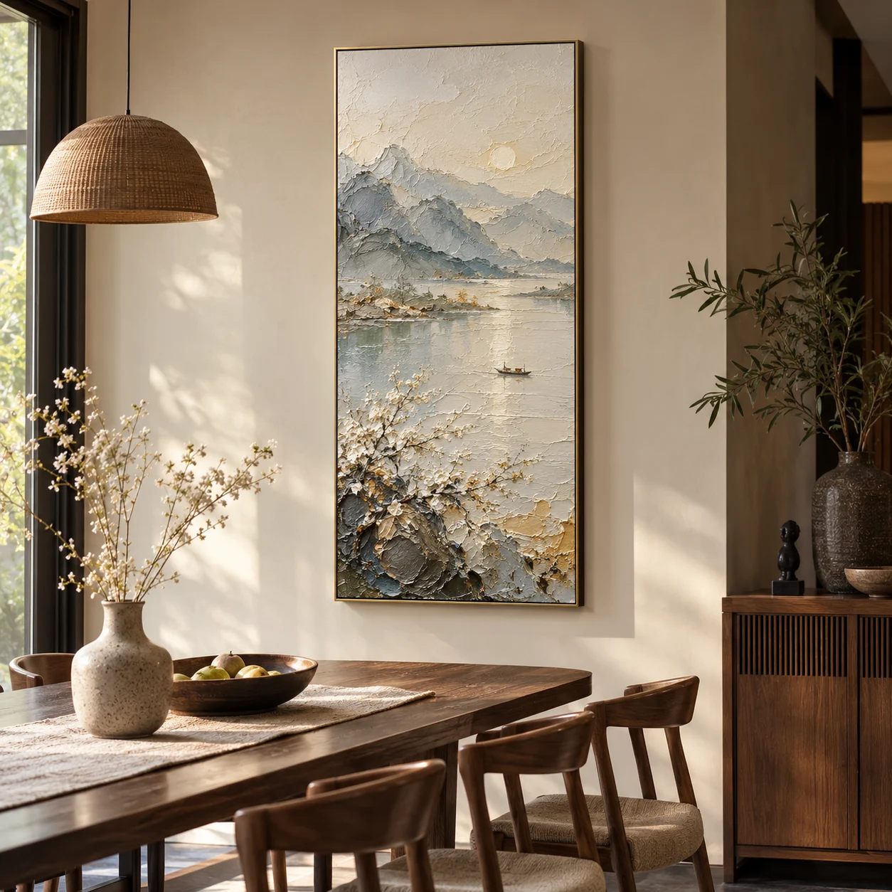 Tranh canvas thả dọc Tĩnh Lặng Sơn Dầu Đắp Nổi Viền Mảnh
