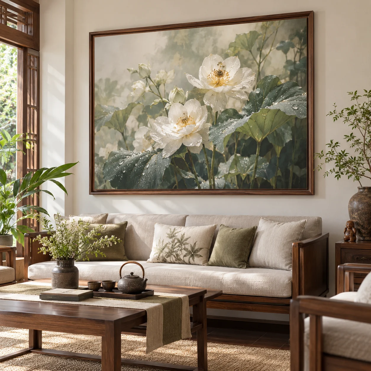 Tranh hoa lá Sương Mai In UV Mỹ Thuật Khung Walnut