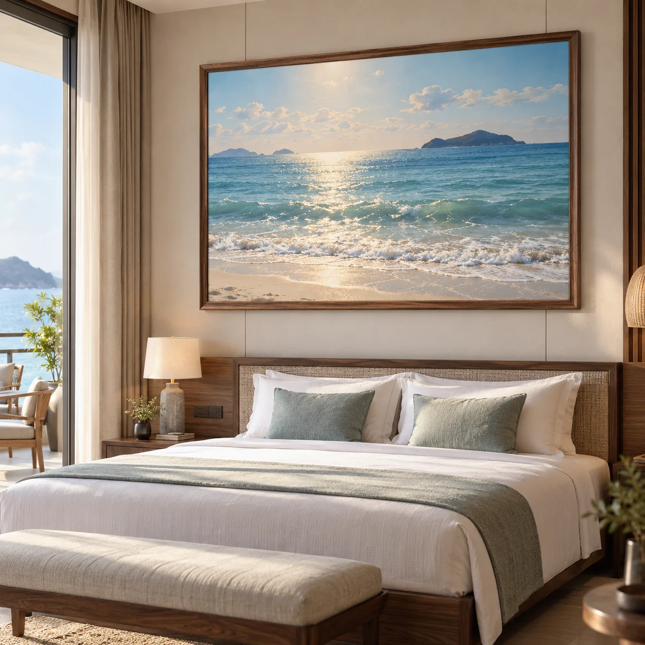 Tranh biển Ánh Ngọc In UV Mỹ Thuật Khung Walnut