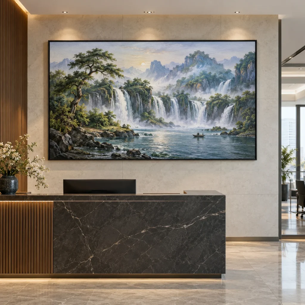 Thác nước, sơn thủy Lam Sơn Canvas Vân Vải Khung Đen