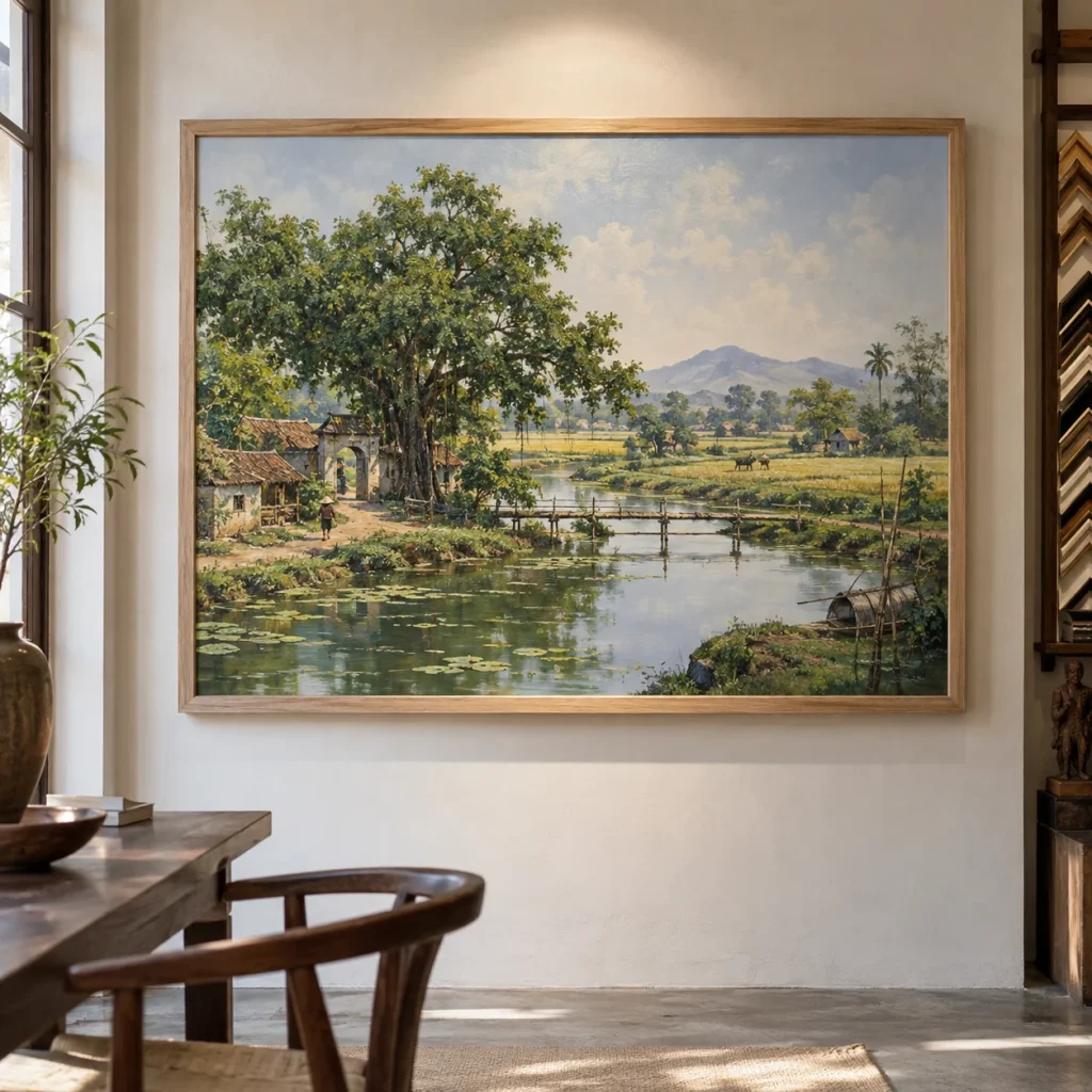Tranh đồng quê Hải Vân Canvas Phủ Mờ Khung Sồi