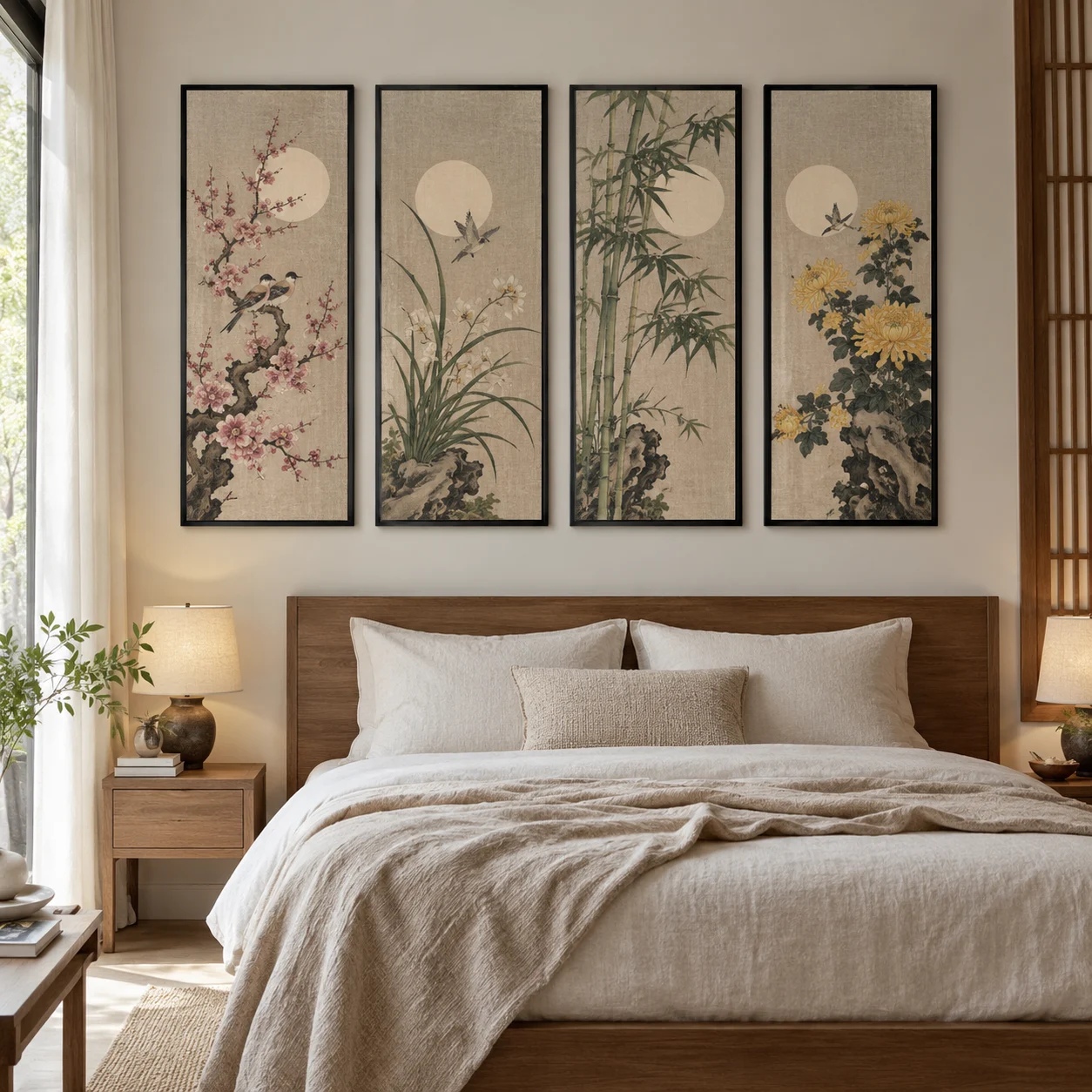 Tranh tứ quý Nguyệt Cát Canvas Vân Vải Khung Đen