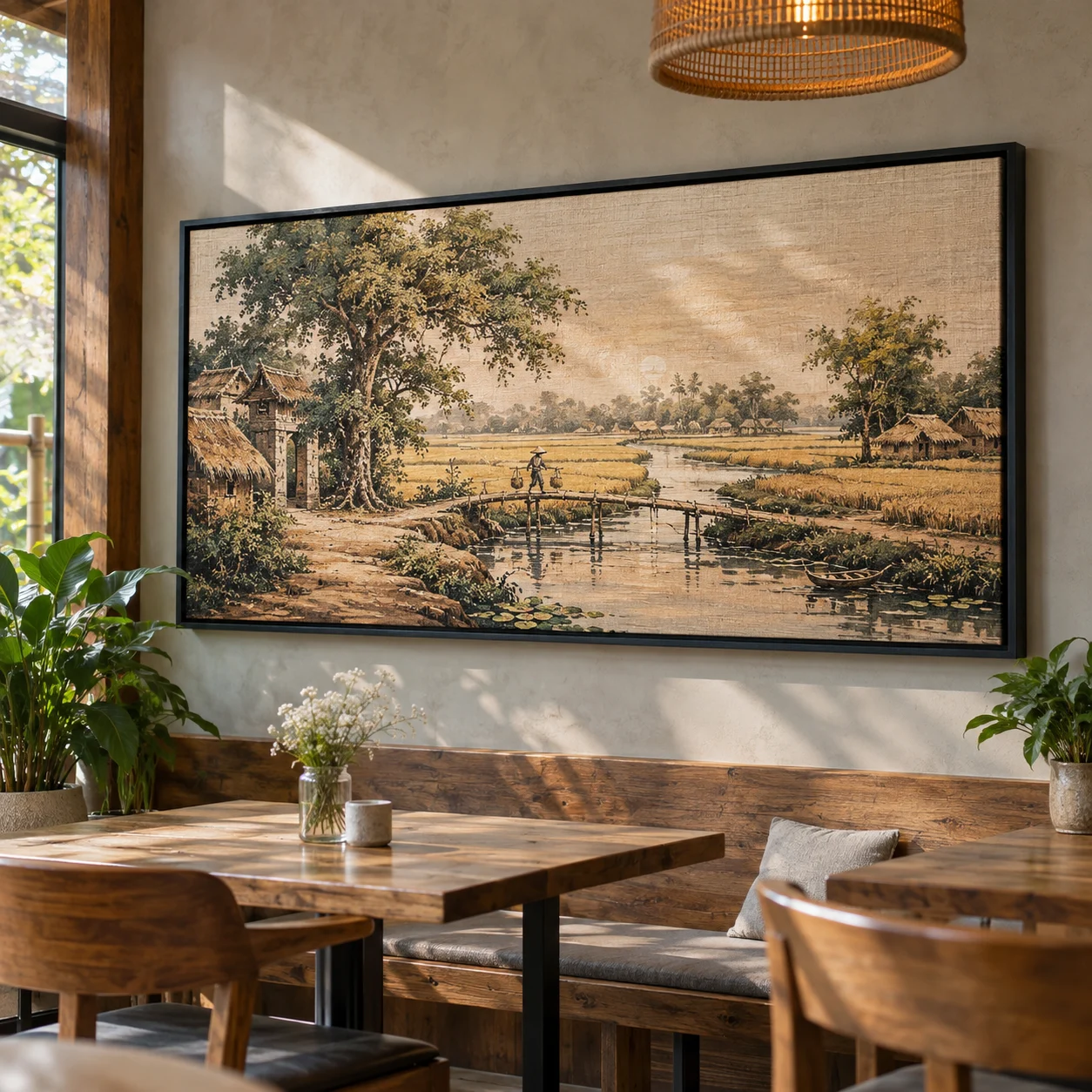 Tranh đồng quê Vân Gỗ Canvas Vân Vải Khung Đen