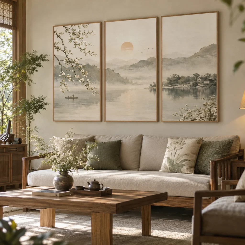 Tranh Nhật Bản Ánh Ngọc In Fine Art Viền Gỗ Sáng