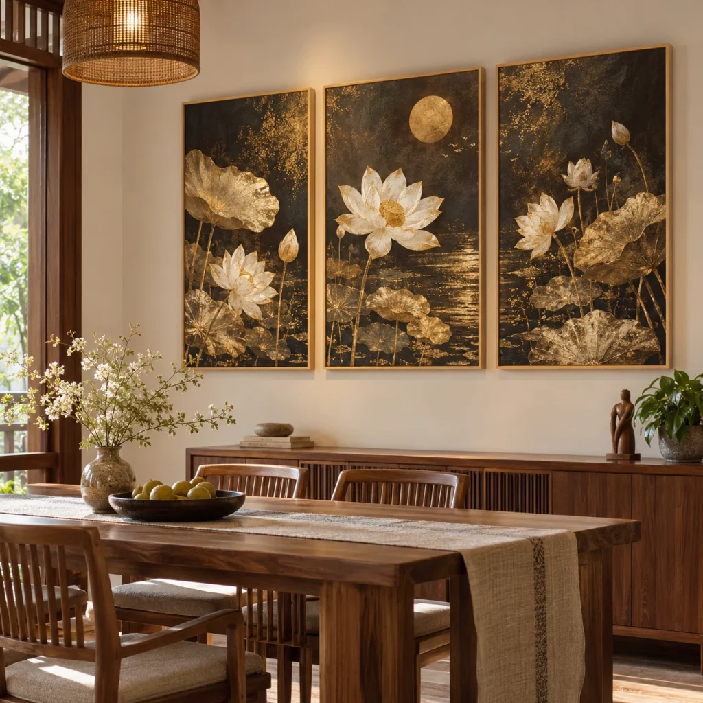 Tranh Trung Quốc Kim Sa In UV Mỹ Thuật Khung Walnut