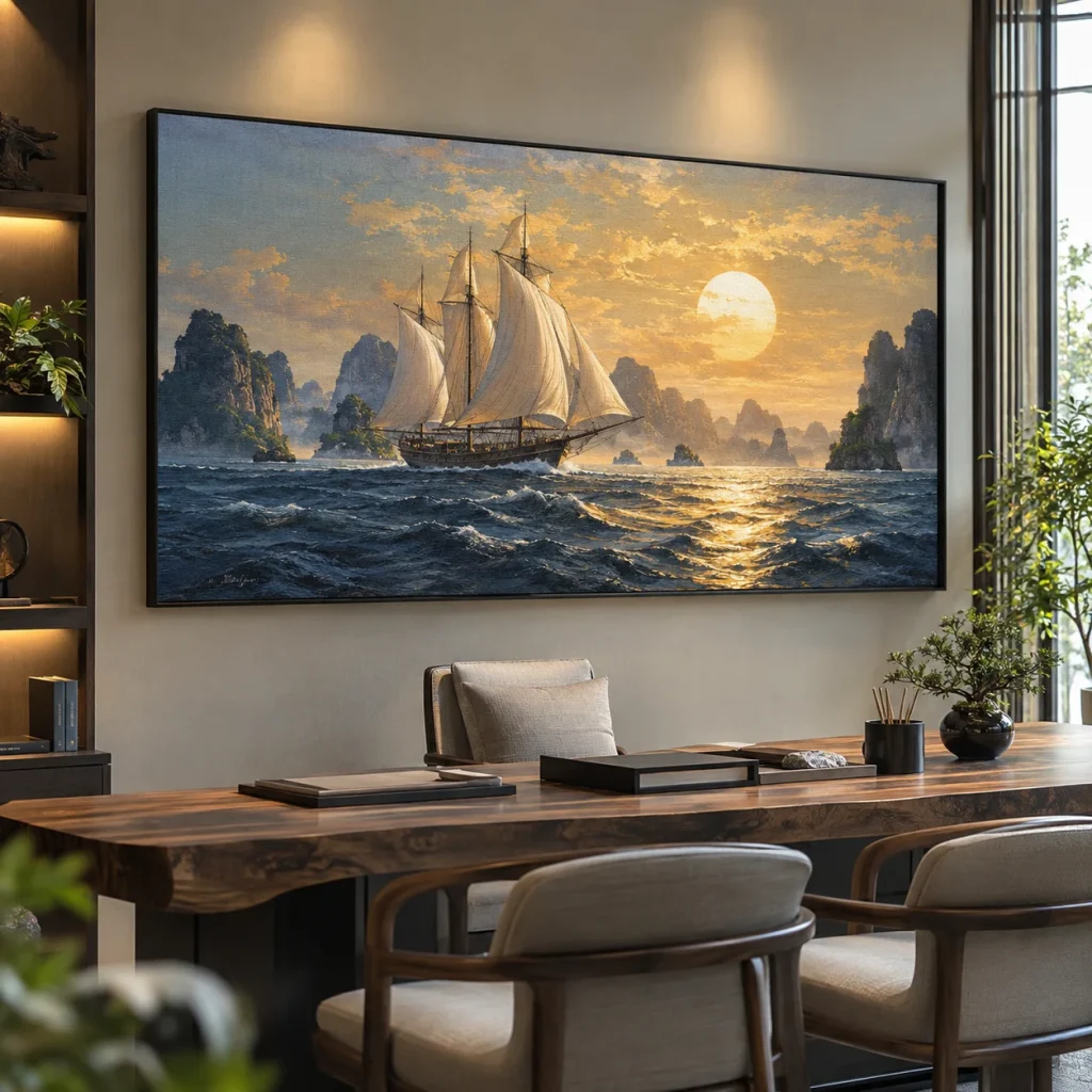Tranh thuận buồm xuôi gió Nguyệt Cát Canvas Vân Vải Khung Đen