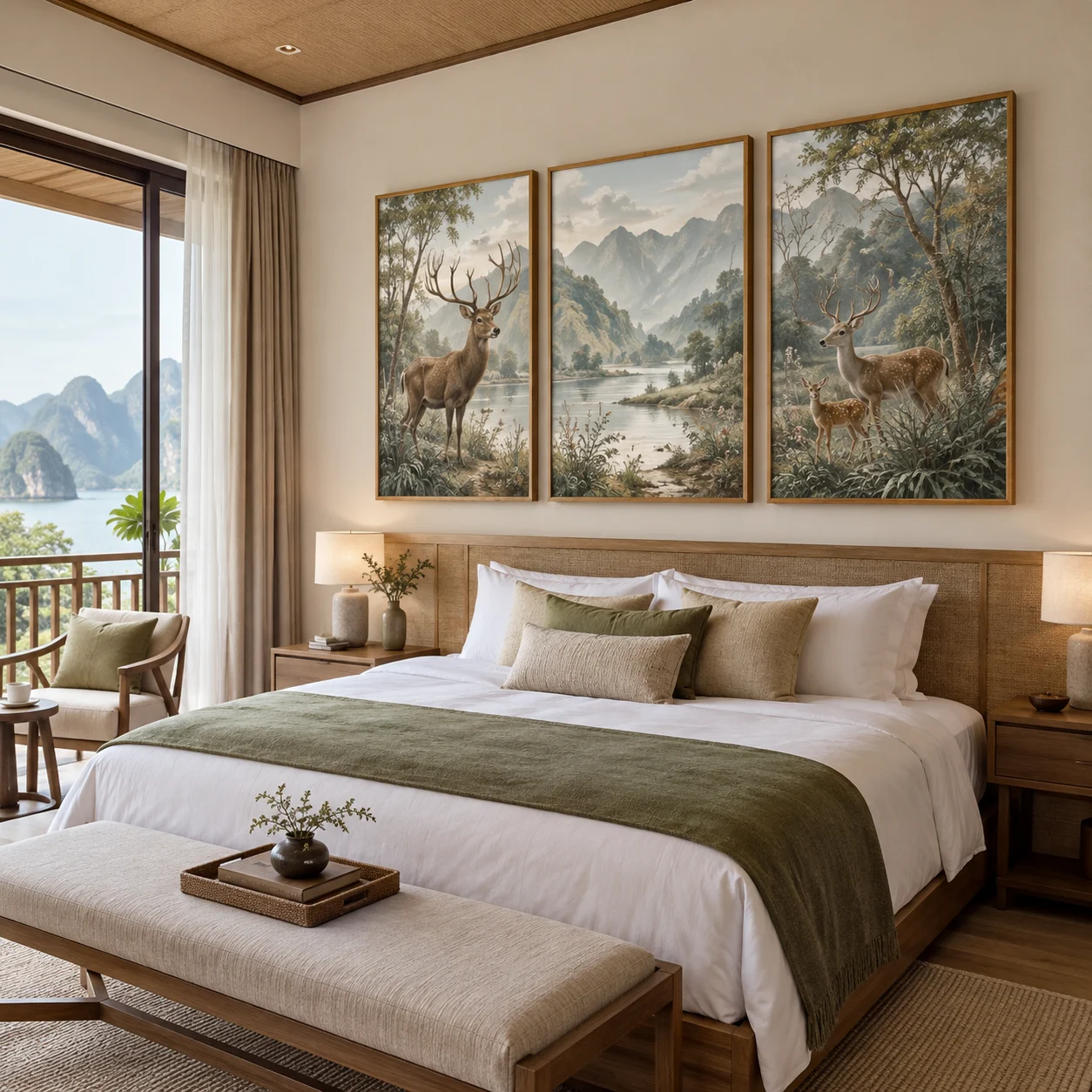 Tranh hươu nai Minh Tâm Canvas Phủ Mờ Khung Sồi