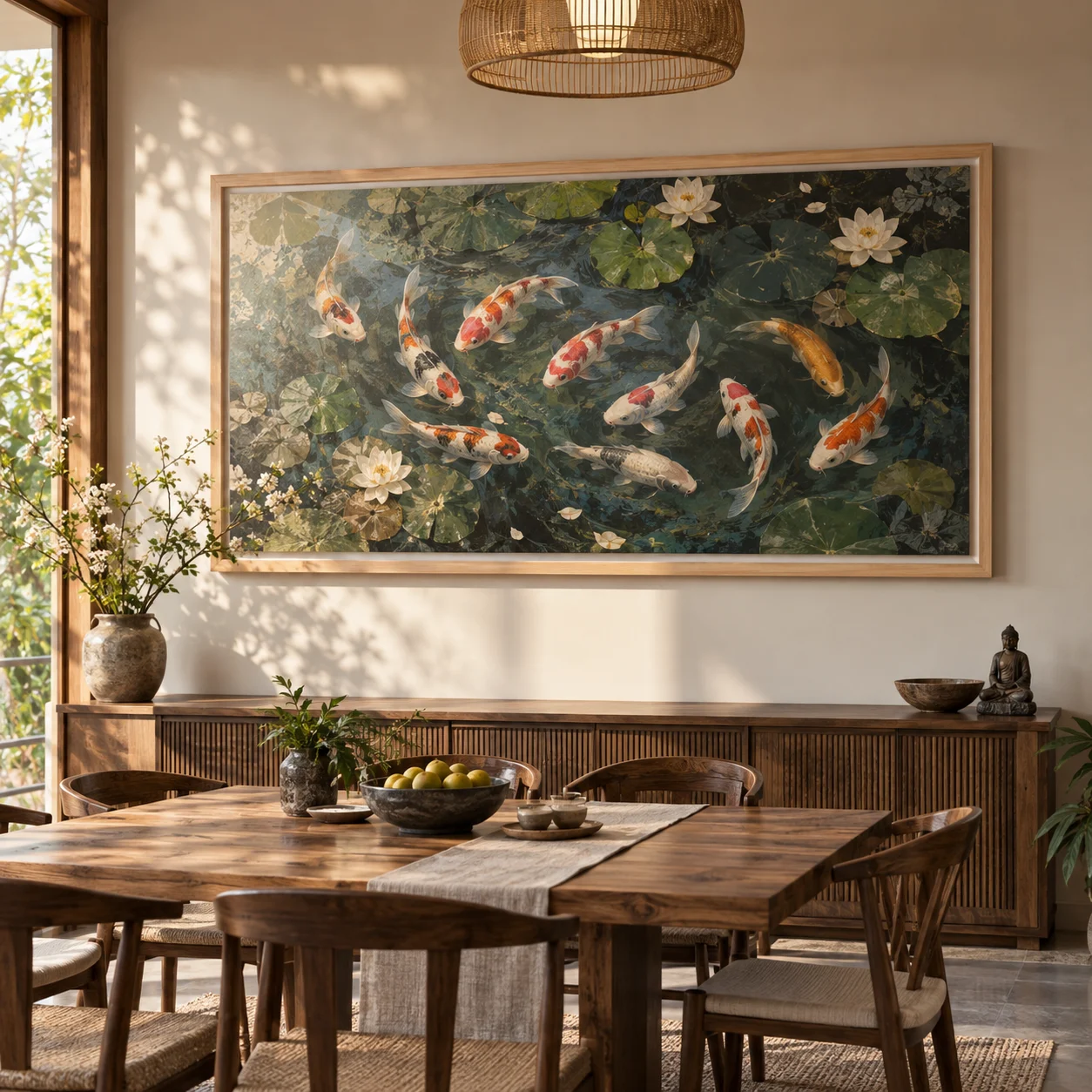 Tranh cửu ngư Tĩnh Lặng In Fine Art Viền Gỗ Sáng
