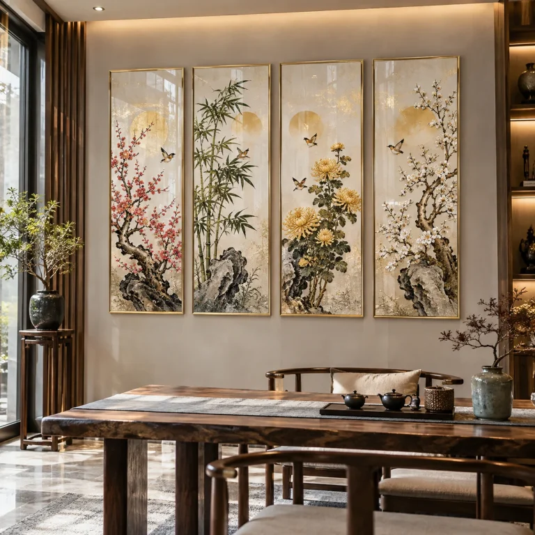 Tranh Tứ quý Nhật Hạ Tráng Gương Viền Champagne