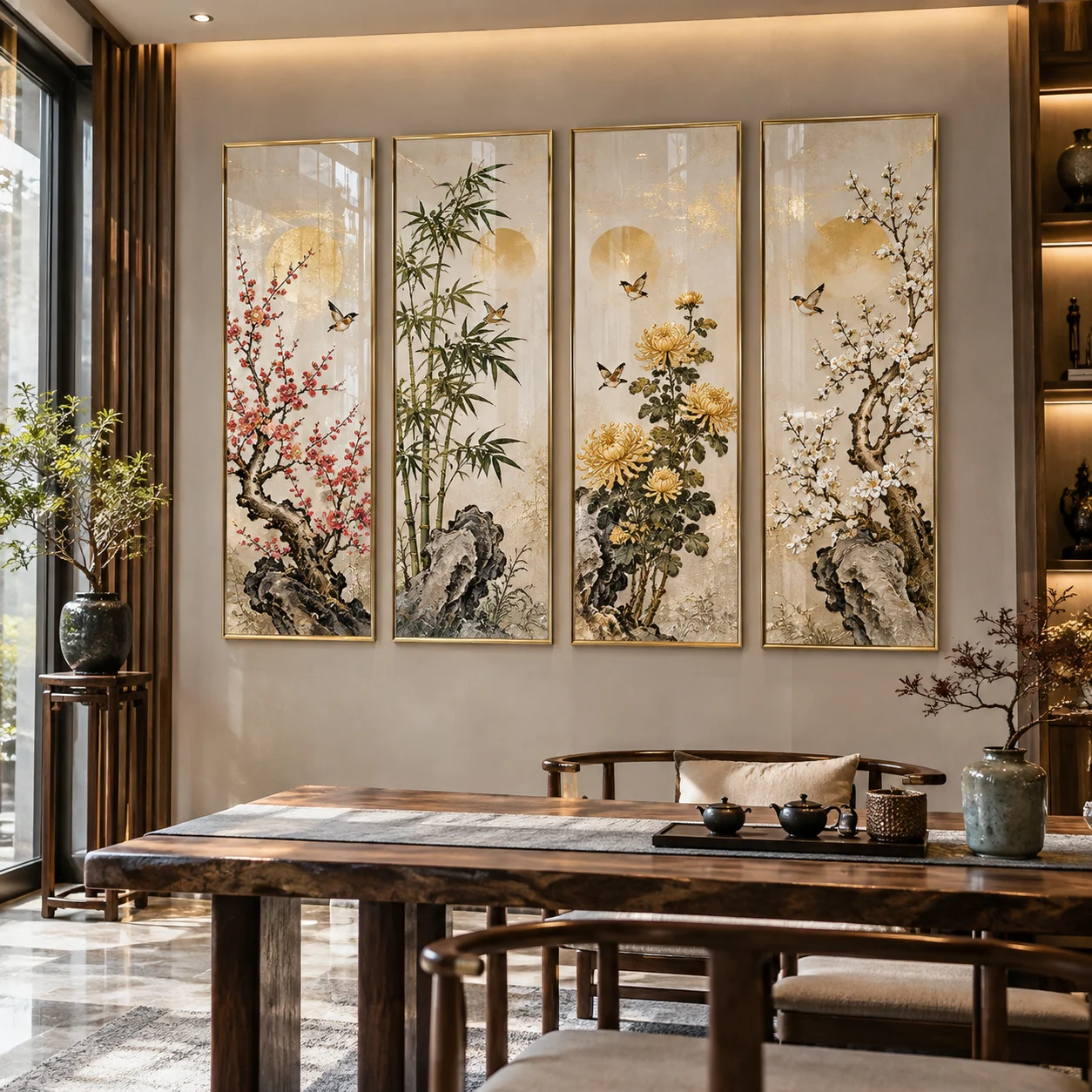 Tranh Tứ quý Nhật Hạ Tráng Gương Viền Champagne
