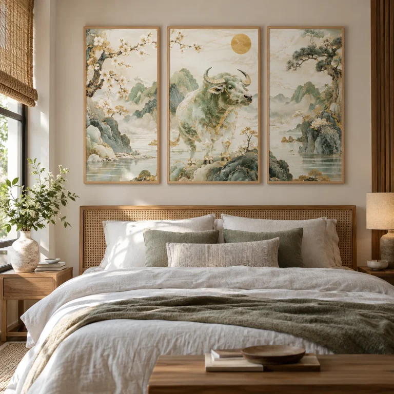 Tranh cho người tuổi Sửu Ánh Ngọc In Fine Art Viền Gỗ Sáng