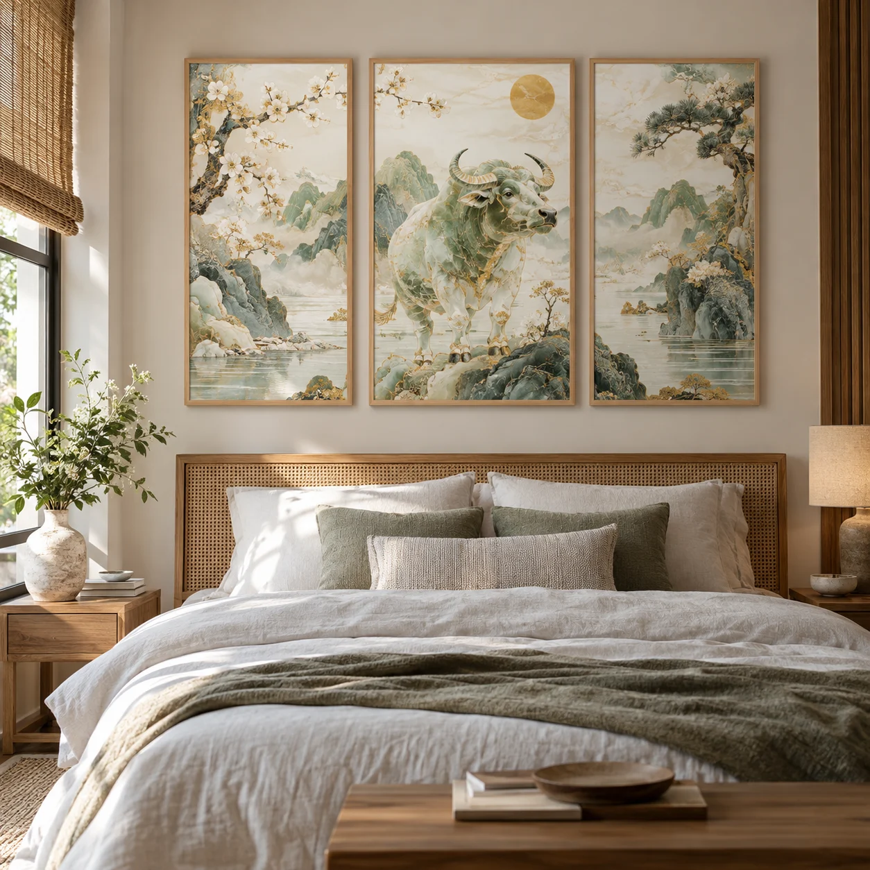 Tranh cho người tuổi Sửu Ánh Ngọc In Fine Art Viền Gỗ Sáng