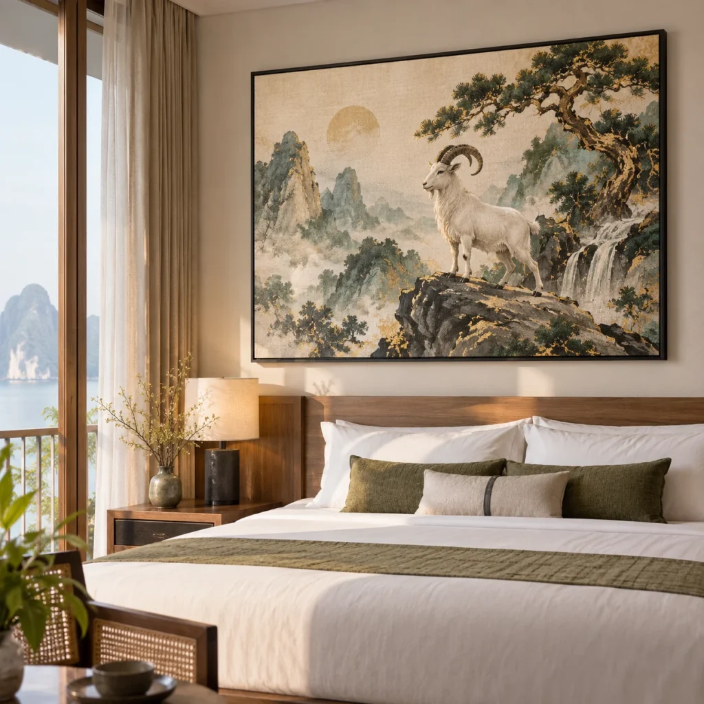 Tranh cho người tuổi Mùi Thịnh Vượng Canvas Vân Vải Khung Đen