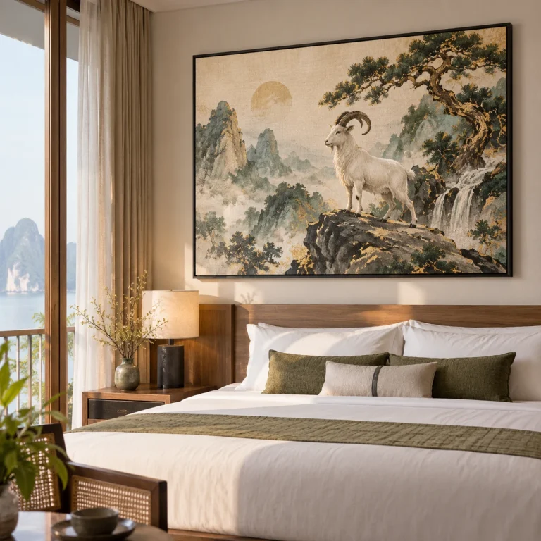 Tranh cho người tuổi Mùi Thịnh Vượng Canvas Vân Vải Khung Đen