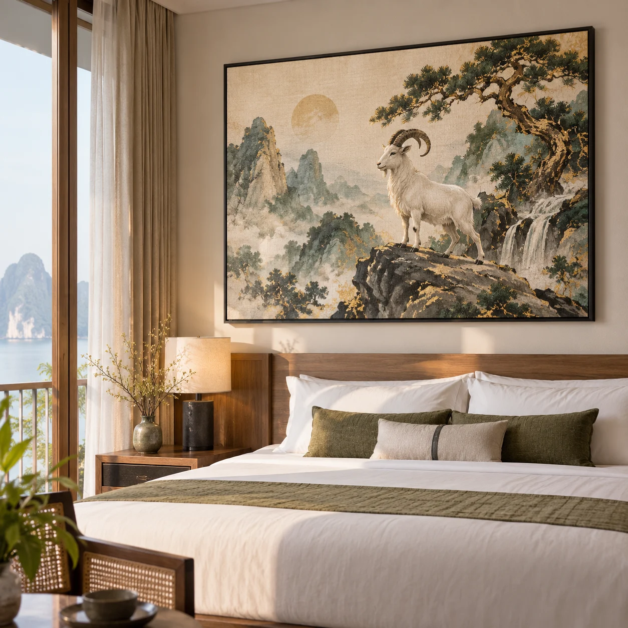 Tranh cho người tuổi Mùi Thịnh Vượng Canvas Vân Vải Khung Đen