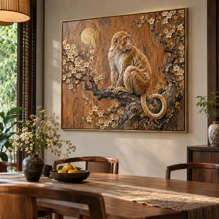 Tranh cho người tuổi Thân Vân Gỗ Sơn Dầu Đắp Nổi Viền Mảnh