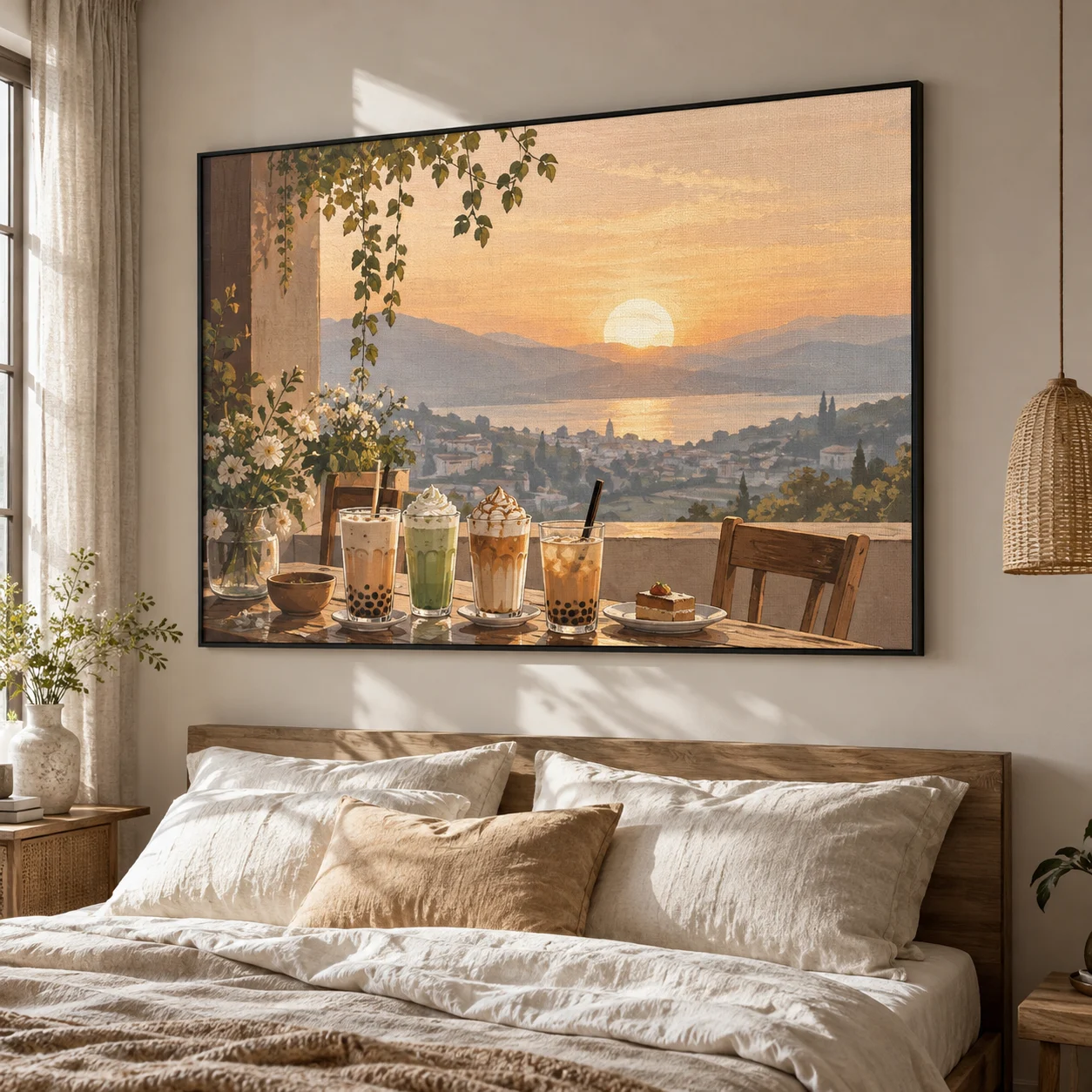 Tranh quán trà sữa Bình Minh Canvas Vân Vải Khung Đen