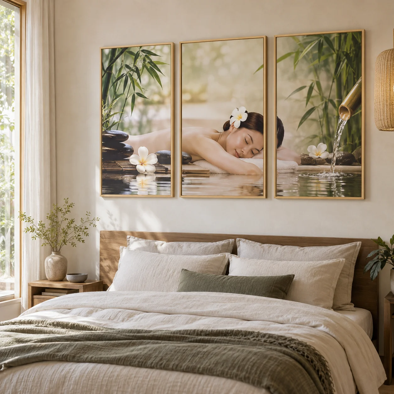 Tranh Spa, Massage Nhật Hạ In Fine Art Viền Gỗ Sáng