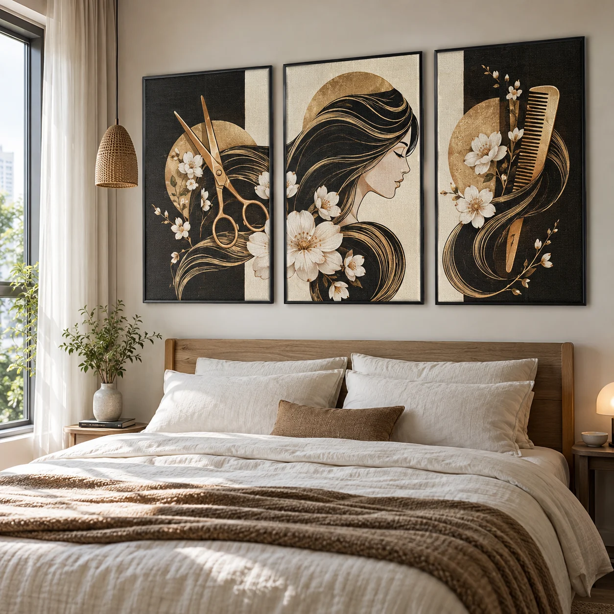Tranh Salon tóc Phúc Lộc Canvas Vân Vải Khung Đen