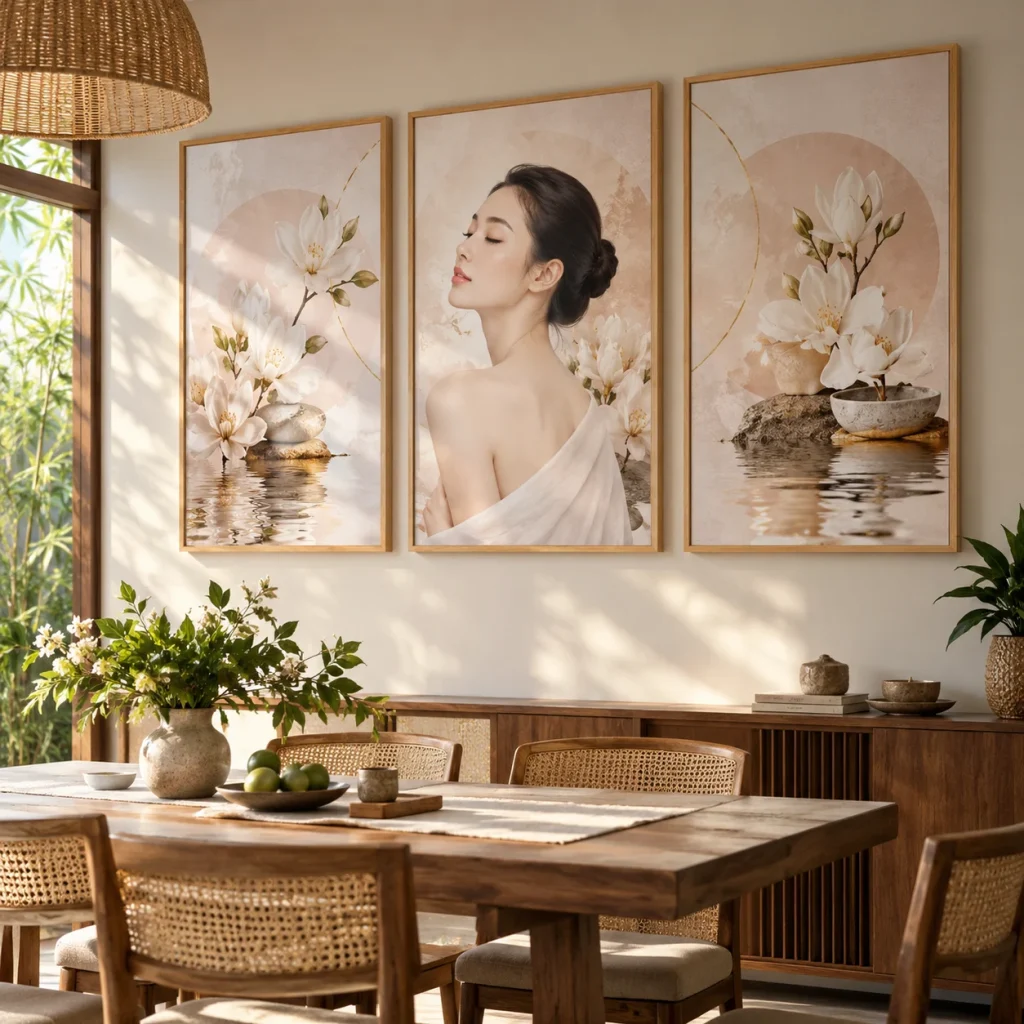 Tranh Thẩm mỹ viện Đông Phương In Fine Art Viền Gỗ Sáng