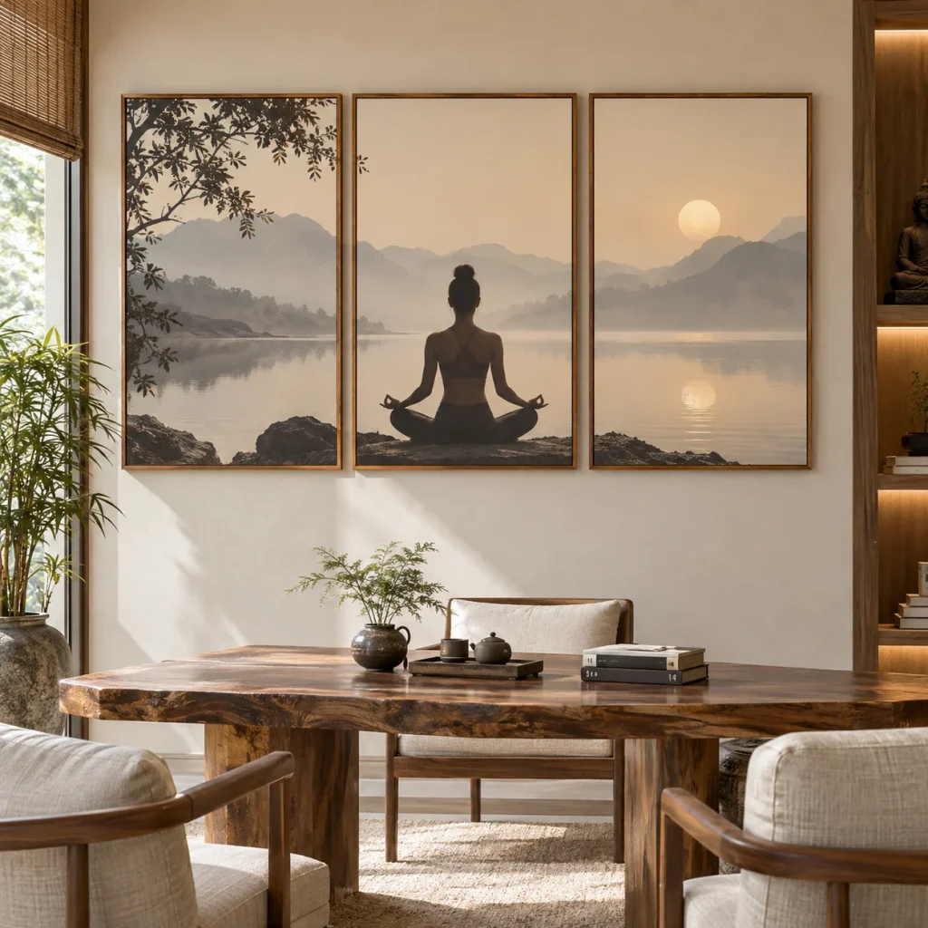 Tranh Yoga Tĩnh Lặng Bề Mặt Lì Khung Gỗ Tự Nhiên